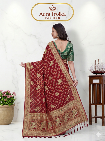 ❤️ Troika Fashion –  Deep Maroon  Georgette Khadi Handwork Meena Saree