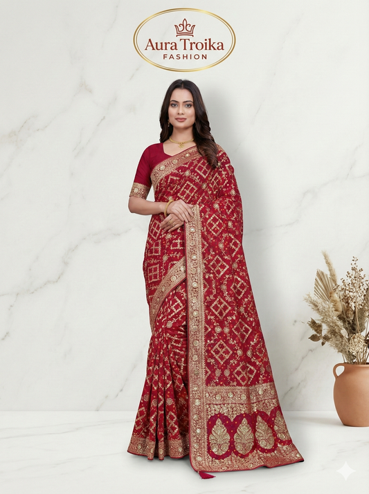 ❤️ Troika Fashion – Deep Red Georgette Khadi Handwork Saree