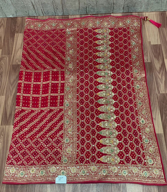 Georgette Khadi Handwork Saree – Royal Red with Intricate Heritage Handwork