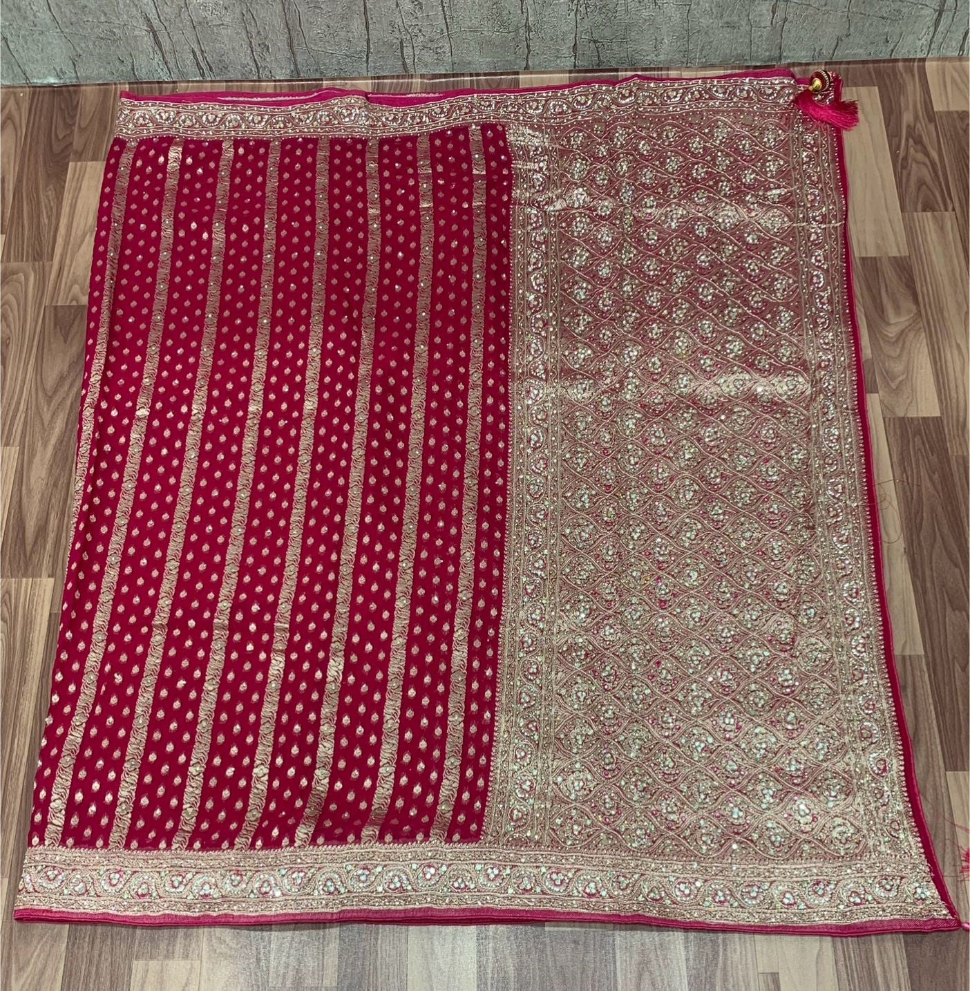 Georgette Khadi Handwork Saree – Deep Red Elegance with Heavy Handcrafted Pallu