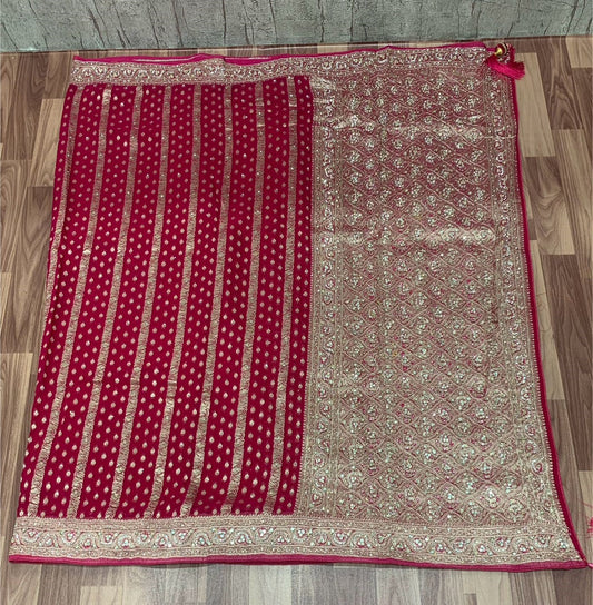 Georgette Khadi Handwork Saree – Deep Red Elegance with Heavy Handcrafted Pallu