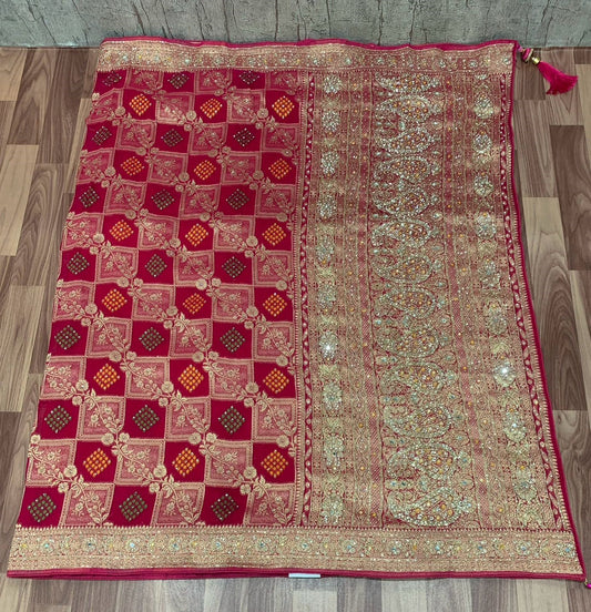 Georgette Khadi Handwork Saree – Rich Red with Heavy Hand-Embellished Pallu