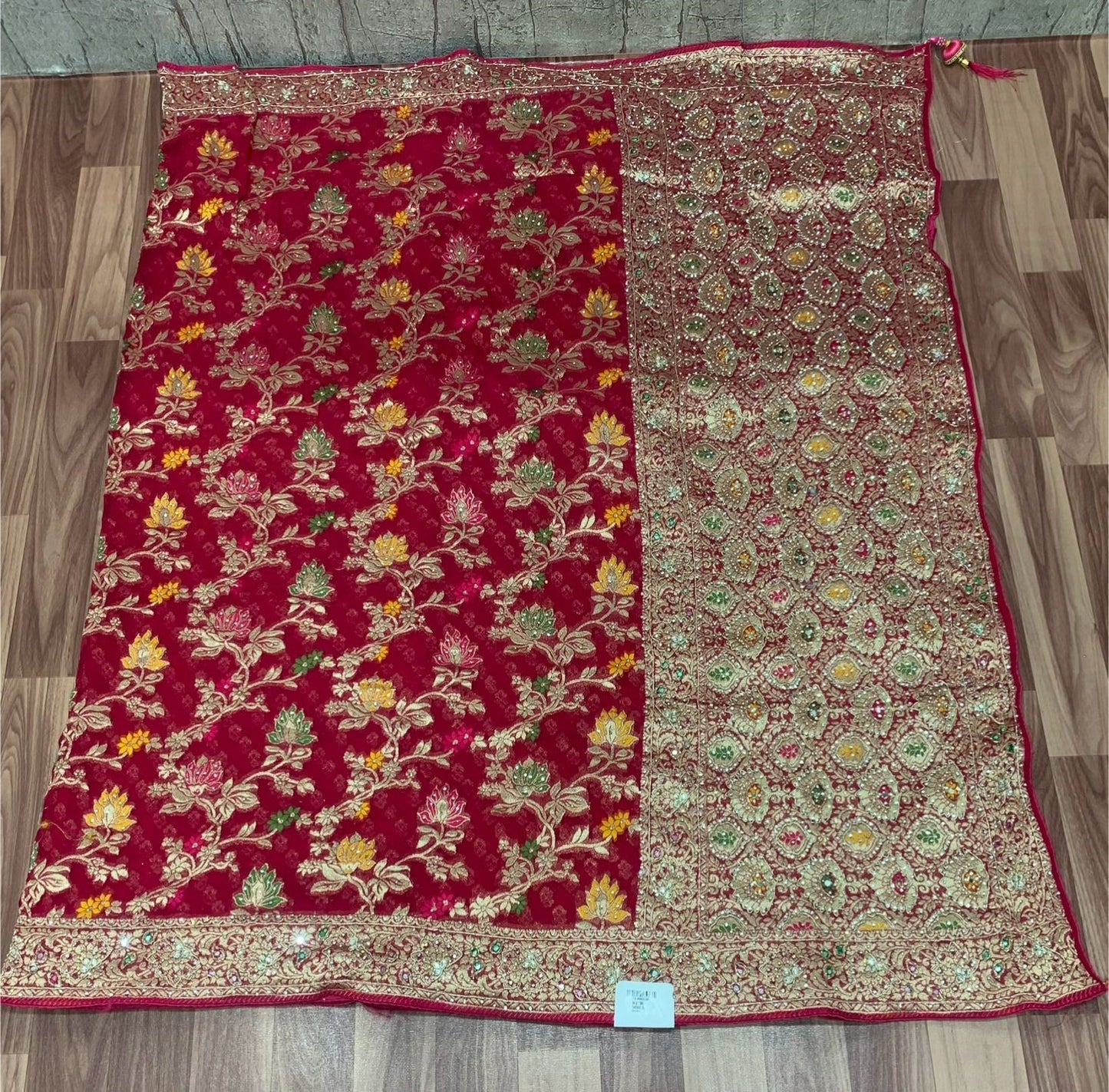 Georgette Khadi Meena Handwork Saree – Deep Red with Multicolour Meena Work & Heavy Pallu