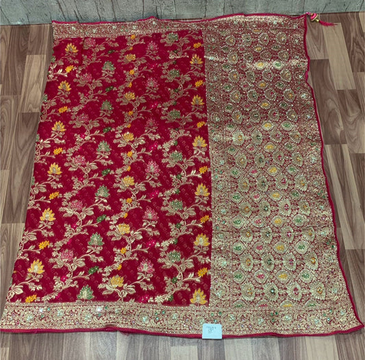 Georgette Khadi Meena Handwork Saree – Deep Red with Multicolour Meena Work & Heavy Pallu