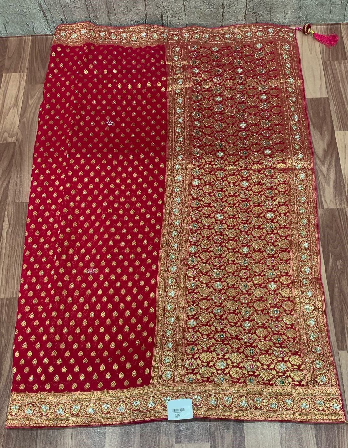 Georgette Khadi Handwork Saree – Classic Red with Heavy Handcrafted Pallu