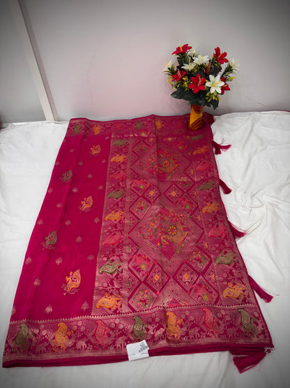 Troika Fashion – Rani Pink HO Silk Saree with Multicolor Zari Weaving & Royal Motifs