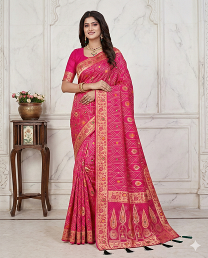 ❤️ Troika Fashion - HO Silk Paithani Border Meena Bandhej Saree with Intricate Zari Weaving Saree