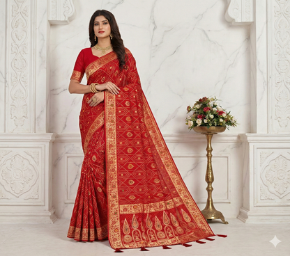❤️ Troika Fashion - HO Silk Paithani Border Meena Bandhej Saree with Intricate Zari Weaving Saree