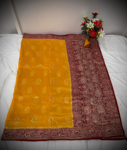Troika Fashion – Mustard Yellow & Maroon Dola Silk Handwork Saree with Intricate Zari & Stone Embellishments