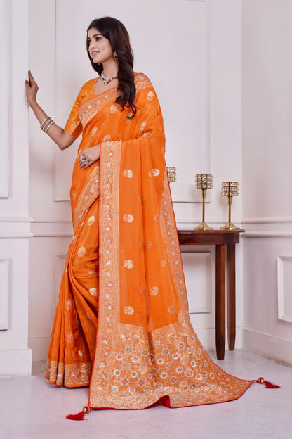 🧡 Troika Fashion – Vibrant Orange HO Silk Cutdana, Gotapati & Jarkan Handwork Saree