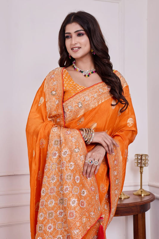 🧡 Troika Fashion – Vibrant Orange HO Silk Cutdana, Gotapati & Jarkan Handwork Saree