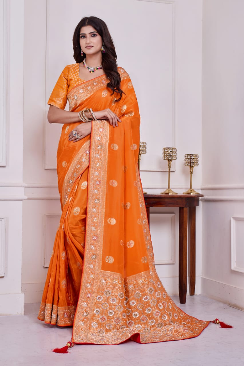🧡 Troika Fashion – Vibrant Orange HO Silk Cutdana, Gotapati & Jarkan Handwork Saree