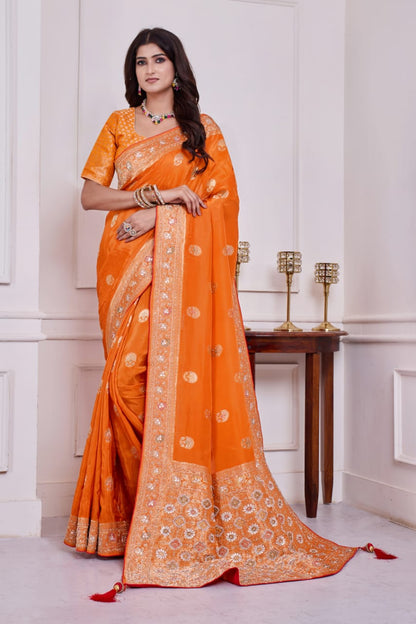 🧡 Troika Fashion – Vibrant Orange HO Silk Cutdana, Gotapati & Jarkan Handwork Saree