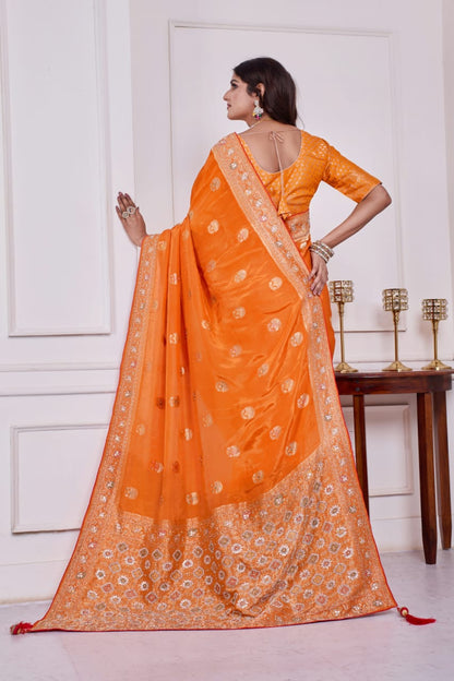 🧡 Troika Fashion – Vibrant Orange HO Silk Cutdana, Gotapati & Jarkan Handwork Saree