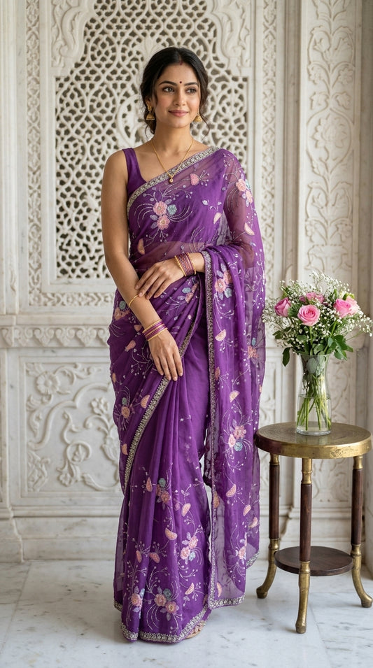 Troika Fashion – Simmer Chiffon Handwork Saree