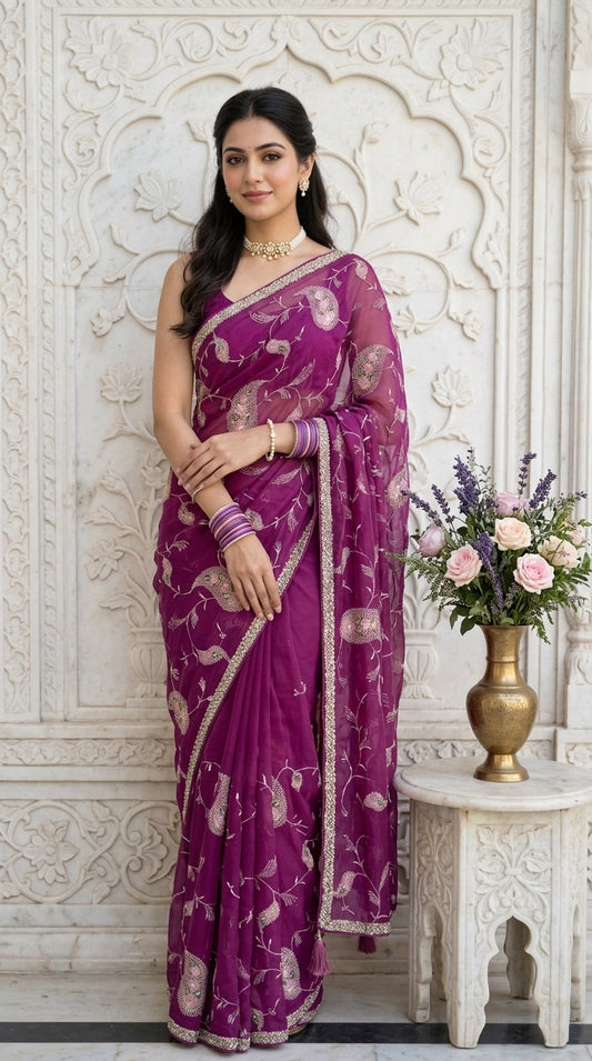Troika Fashion – Simmer Chiffon Handwork Saree