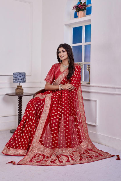 ❤️ Troika Fashion – Royal Festive Red Khaddi Georgette Weaving Saree with Cutdana & Dabka Handwork