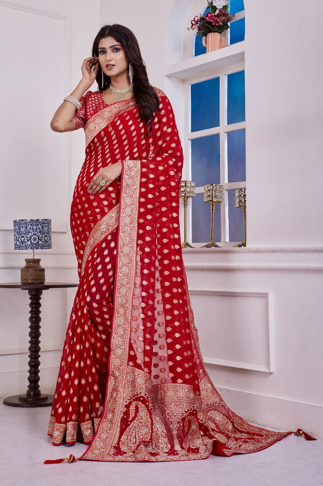 ❤️ Troika Fashion – Royal Festive Red Khaddi Georgette Weaving Saree with Cutdana & Dabka Handwork
