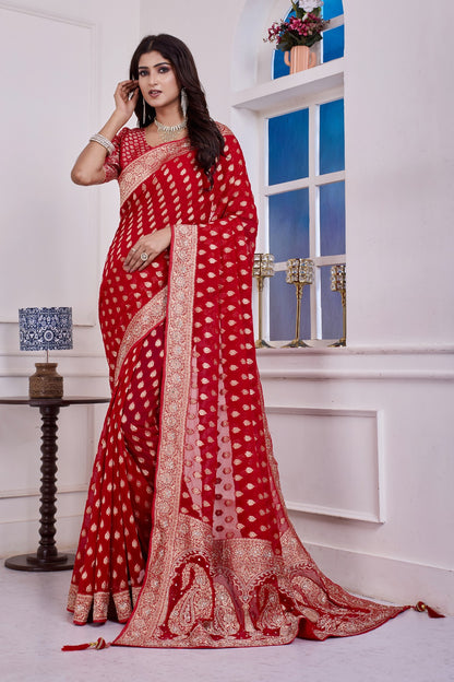 ❤️ Troika Fashion – Royal Festive Red Khaddi Georgette Weaving Saree with Cutdana & Dabka Handwork
