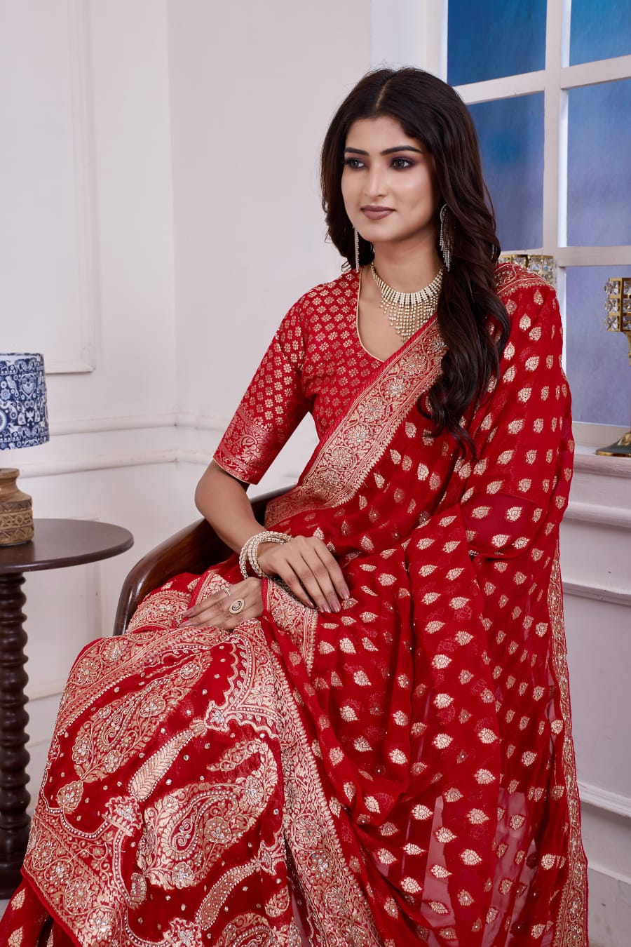 ❤️ Troika Fashion – Royal Festive Red Khaddi Georgette Weaving Saree with Cutdana & Dabka Handwork