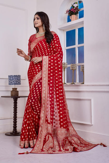 ❤️ Troika Fashion – Royal Festive Red Khaddi Georgette Weaving Saree with Cutdana & Dabka Handwork