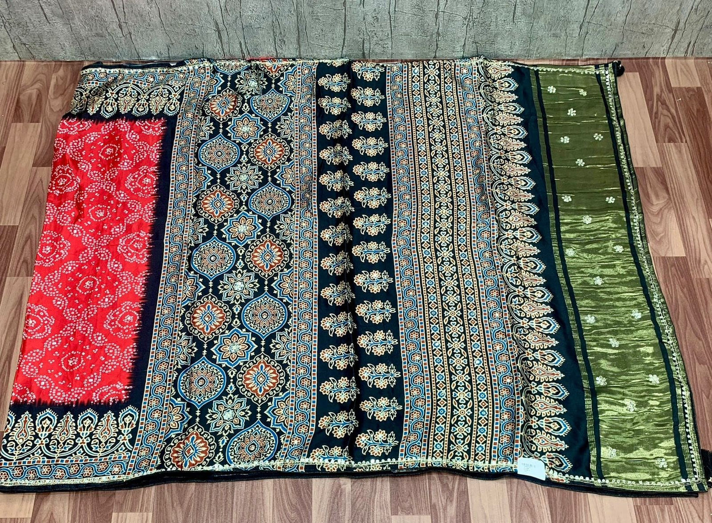 Mudal Silk Print Handwork Saree – Red Bandhej Body with Black & Olive Handcrafted Border