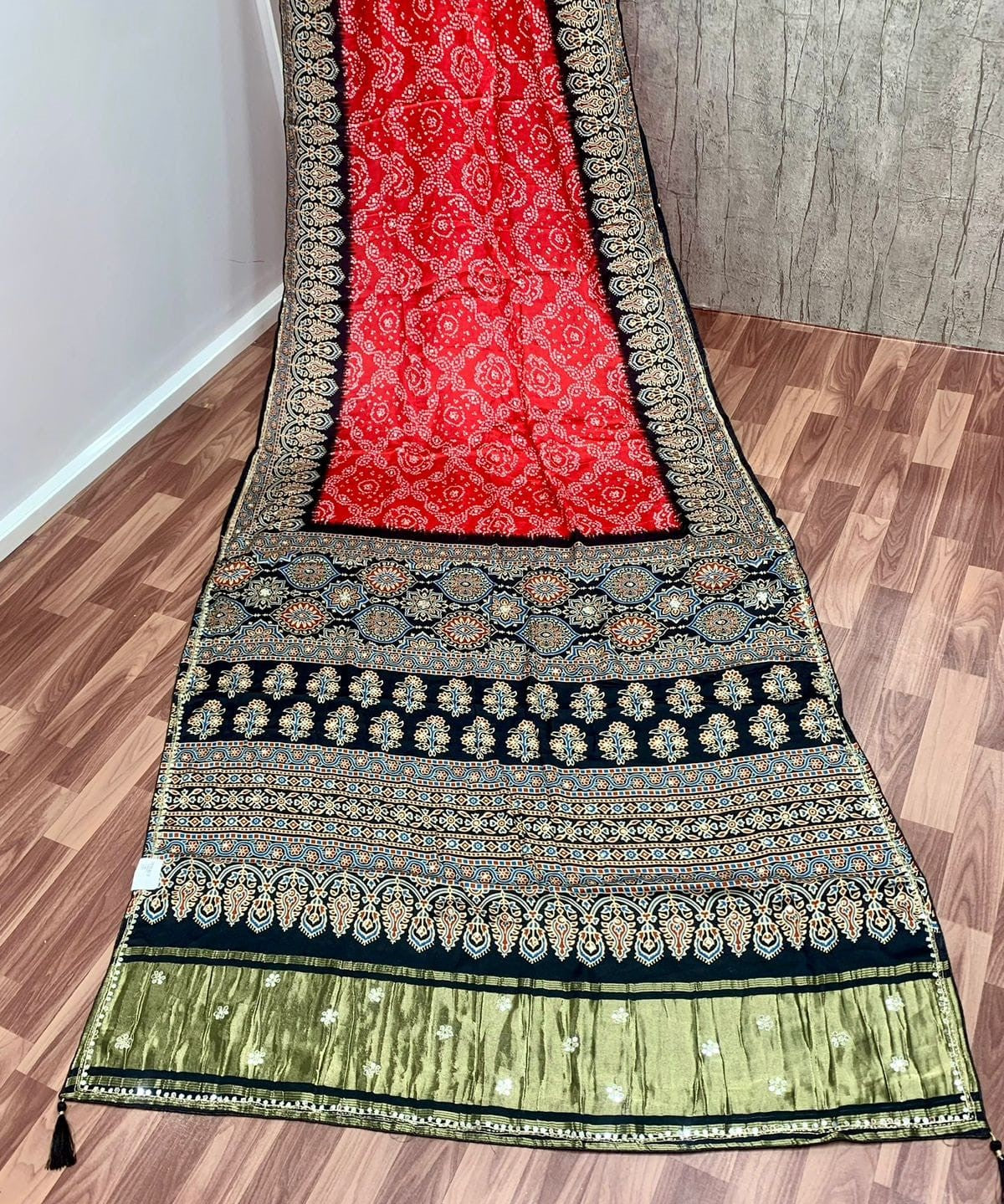 Mudal Silk Print Handwork Saree – Red Bandhej Body with Black & Olive Handcrafted Border