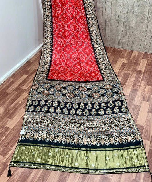 Mudal Silk Print Handwork Saree – Red Bandhej Body with Black & Olive Handcrafted Border