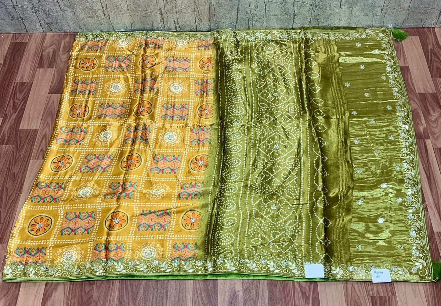 Mudal Silk Gotapatti Handwork Saree – Red Bandhej Print with Mustard Gold Border