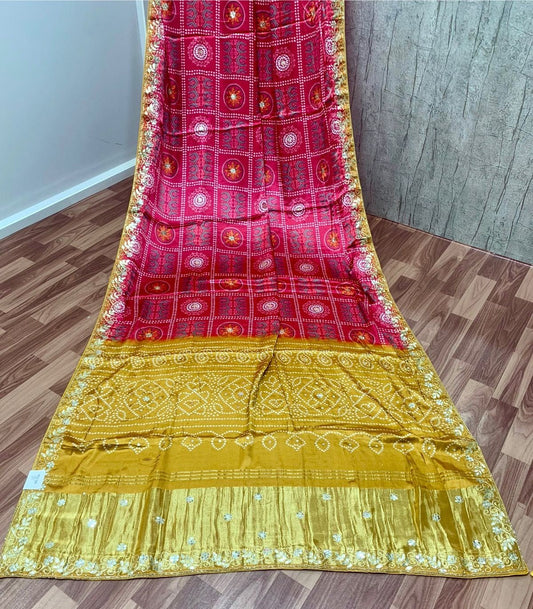 Mudal Silk Gotapatti Handwork Saree – Red Bandhej Print with Mustard Gold Border