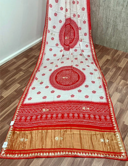 Mudal Silk Gota Patti Handwork Saree – Ivory Base with Red Bandhej Motifs & Rich Gota Border