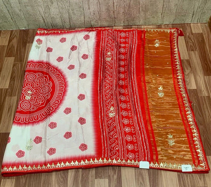 Mudal Silk Gota Patti Handwork Saree – Ivory Base with Red Bandhej Motifs & Rich Gota Border