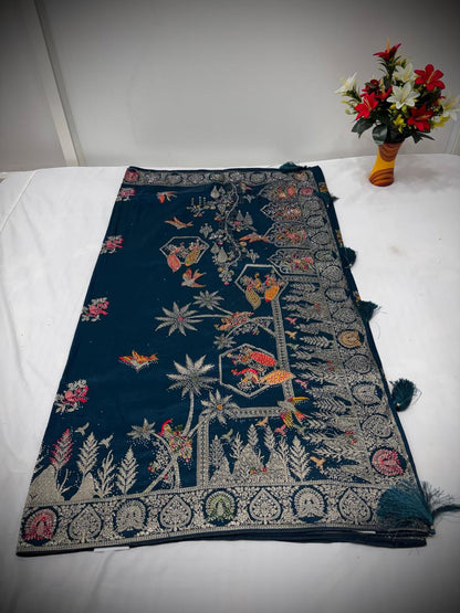 Troika Fashion – Royal Blue Nylon Dola Jarkan Work Saree
