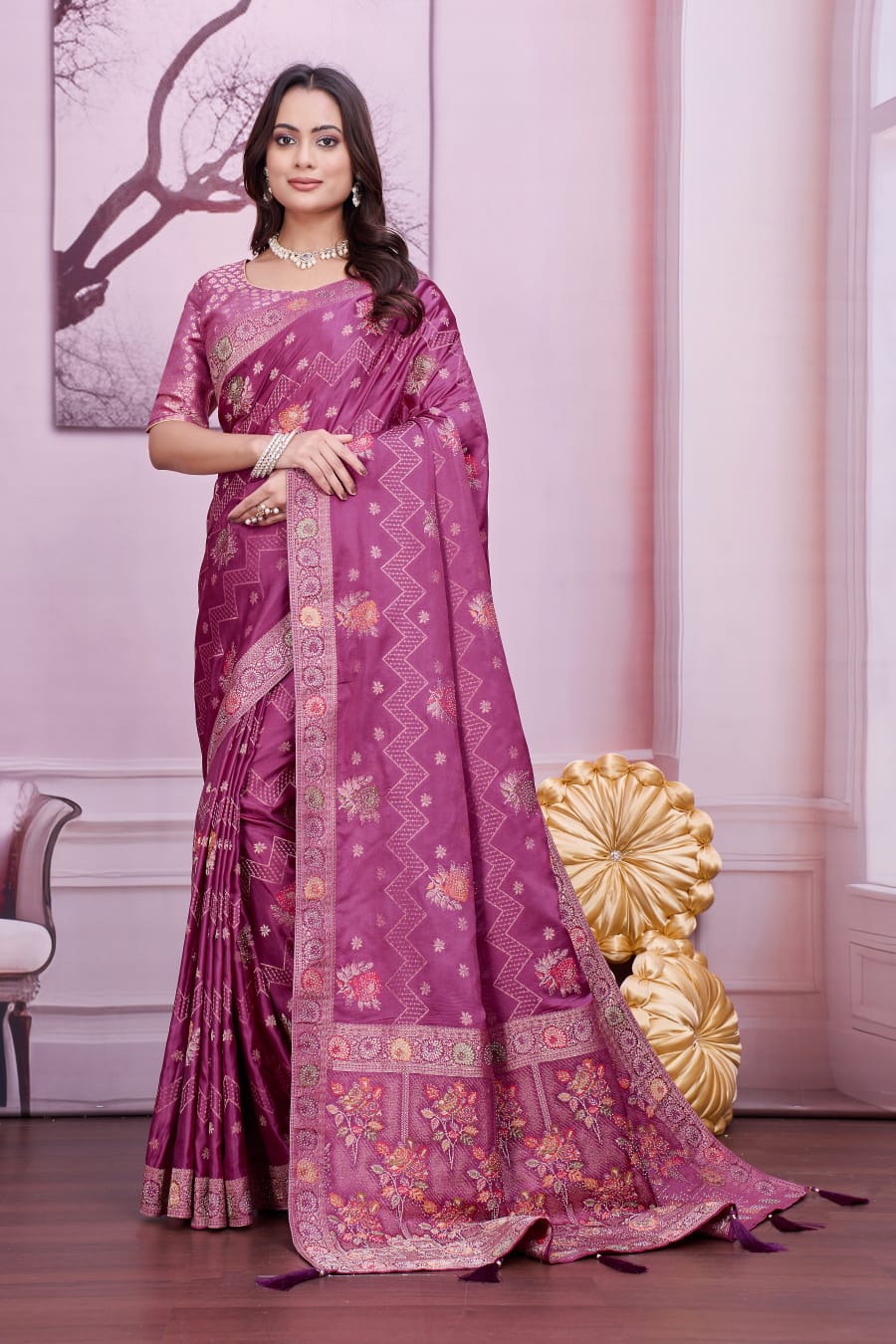 Troika Fashion – Mauve Nylon Satin Siroshi Work Saree