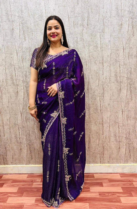 Troika Fashion – Royal Purple Pure Dola Silk Handwork Saree