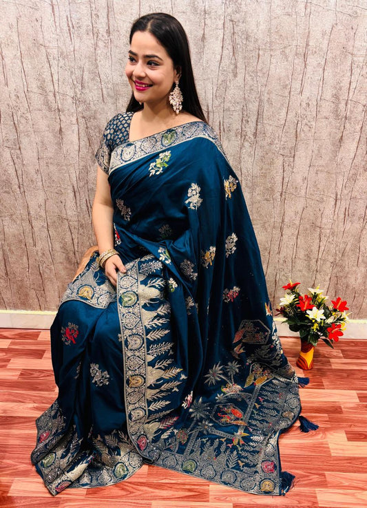 Troika Fashion – Royal Blue Pure Dola Silk Handwork Saree
