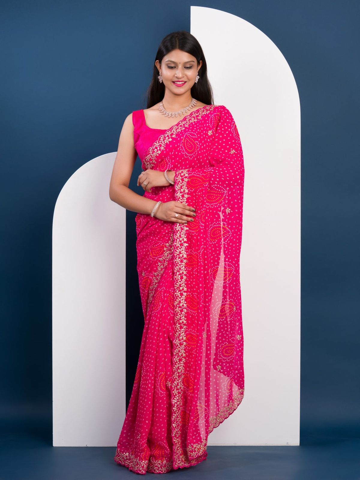 Troika Fashion – Pure Moss Chiffon Hand Pitta Aari Work Bandhani Saree