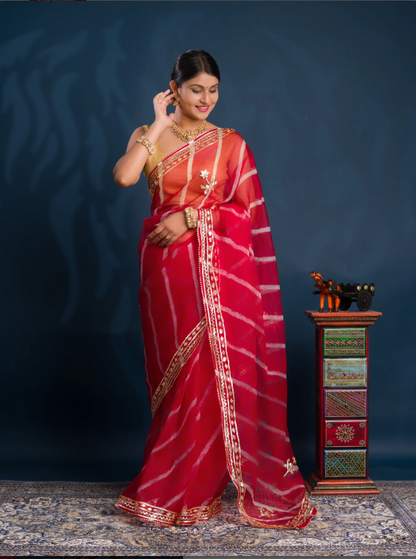 Troika Fashion – Latest Organza Leheriya Style Saree with Gotapatti Work