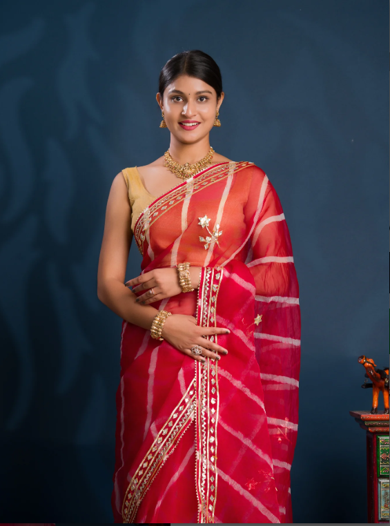 Troika Fashion – Latest Organza Leheriya Style Saree with Gotapatti Work