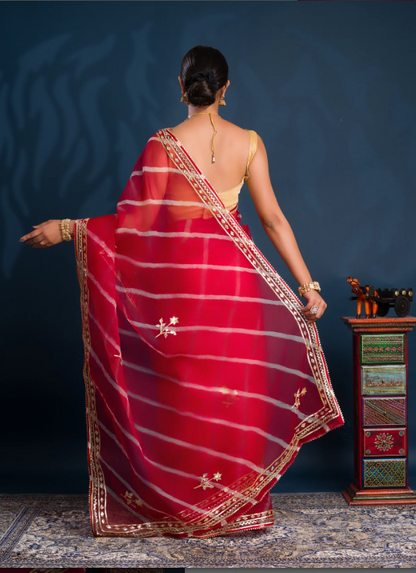 Troika Fashion – Latest Organza Leheriya Style Saree with Gotapatti Work
