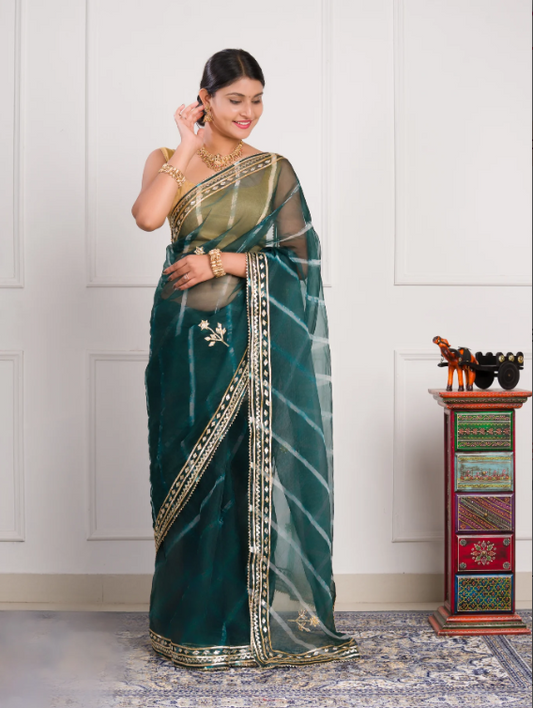 Troika Fashion – Beautiful Organza Leheriya Style Saree with Gotapatti Work