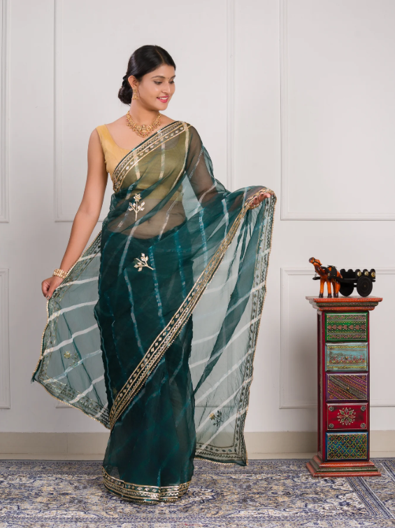 Troika Fashion – Beautiful Organza Leheriya Style Saree with Gotapatti Work