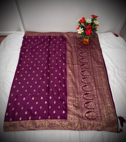 Troika Fashion – Royal Purple Satin Saree with Golden Zari Weaving for Party Wear & Festive Celebrations