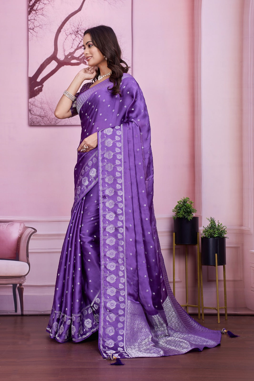 Troika Fashion – Purple Satin Plain Saree with Rich Pallu