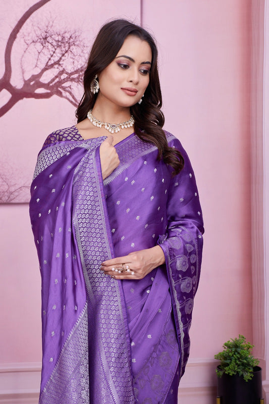 💜 Troika Fashion – Purple Satin Plain Saree with Rich Pallu