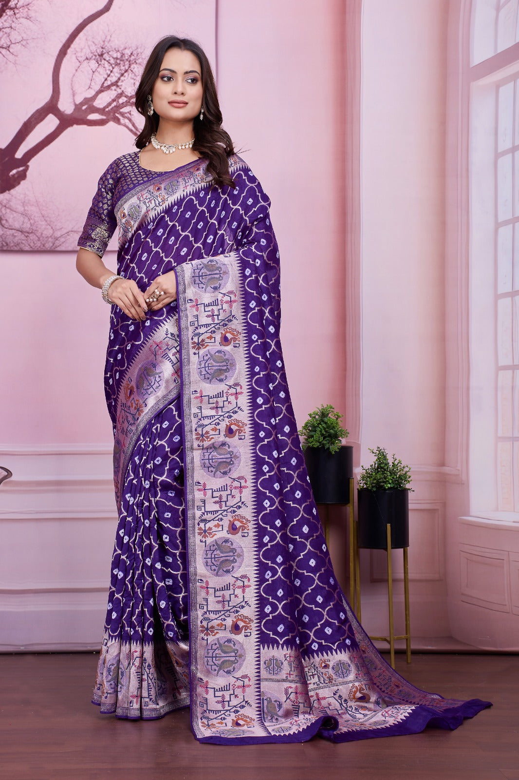 💜 Troika Fashion – Purple Tusser Bandhej Saree with Woven Pallu