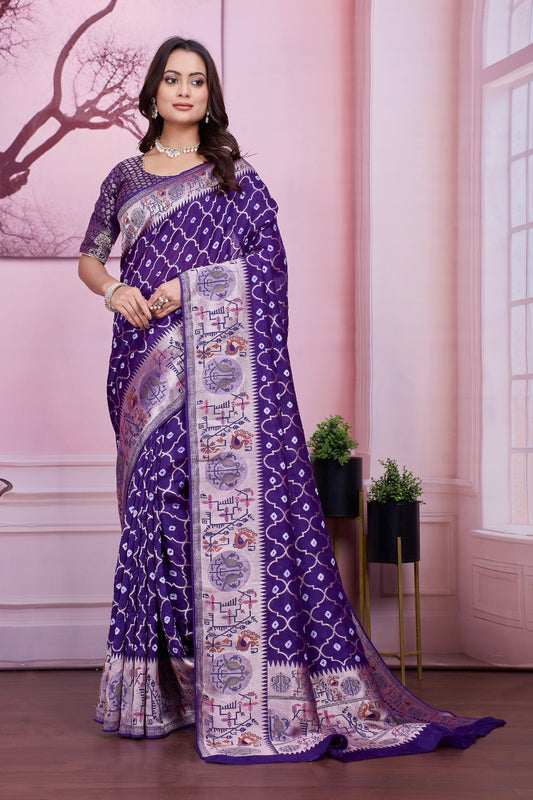 💜 Troika Fashion – Purple Tusser Bandhej Saree with Woven Pallu