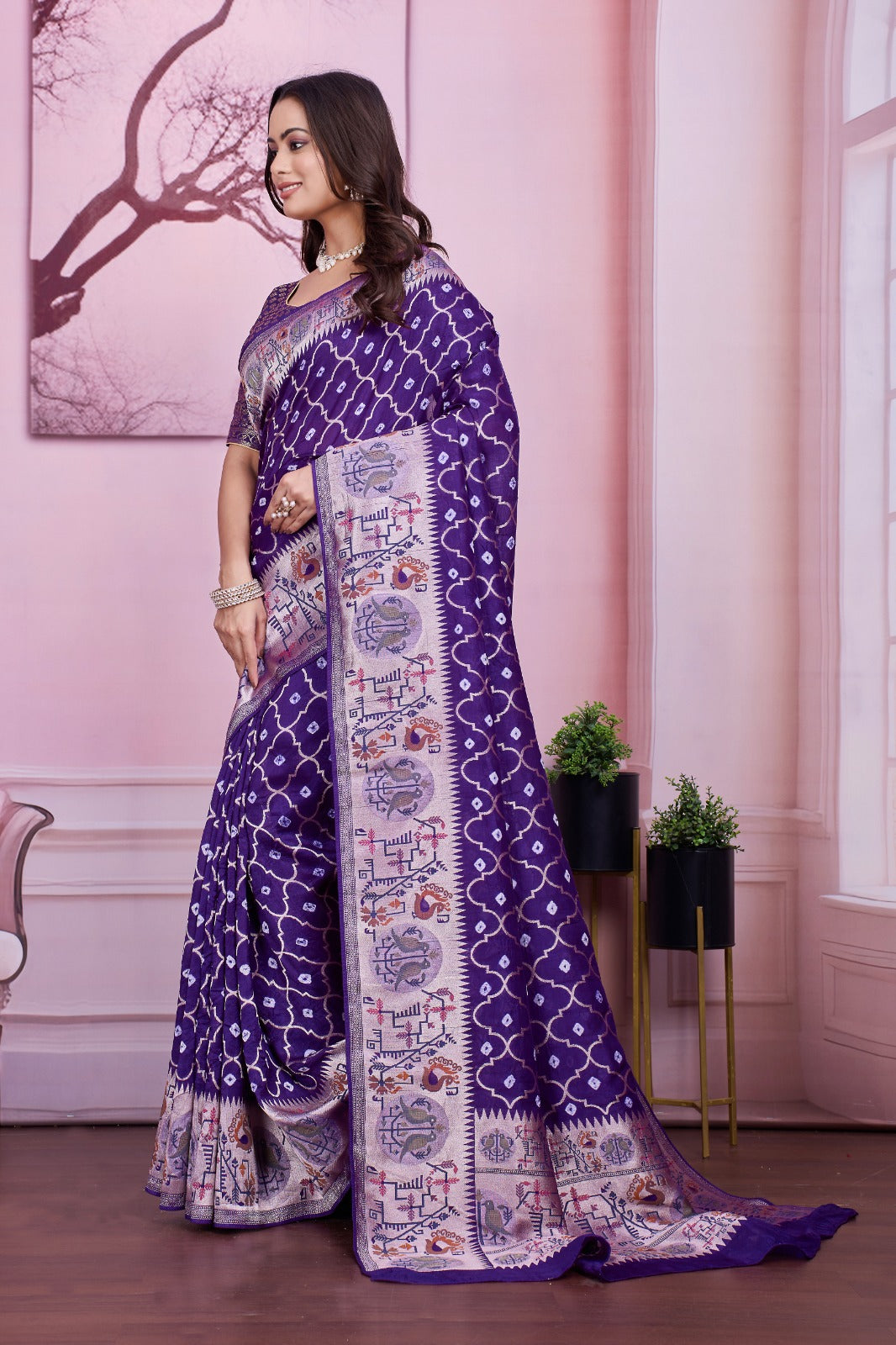 💜 Troika Fashion – Purple Tusser Bandhej Saree with Woven Pallu