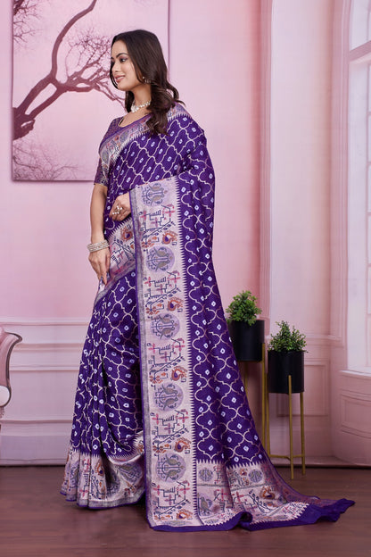 💜 Troika Fashion – Purple Tusser Bandhej Saree with Woven Pallu