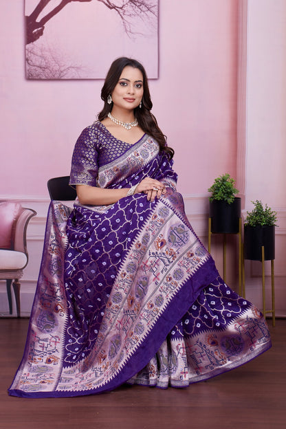 💜 Troika Fashion – Purple Tusser Bandhej Saree with Woven Pallu